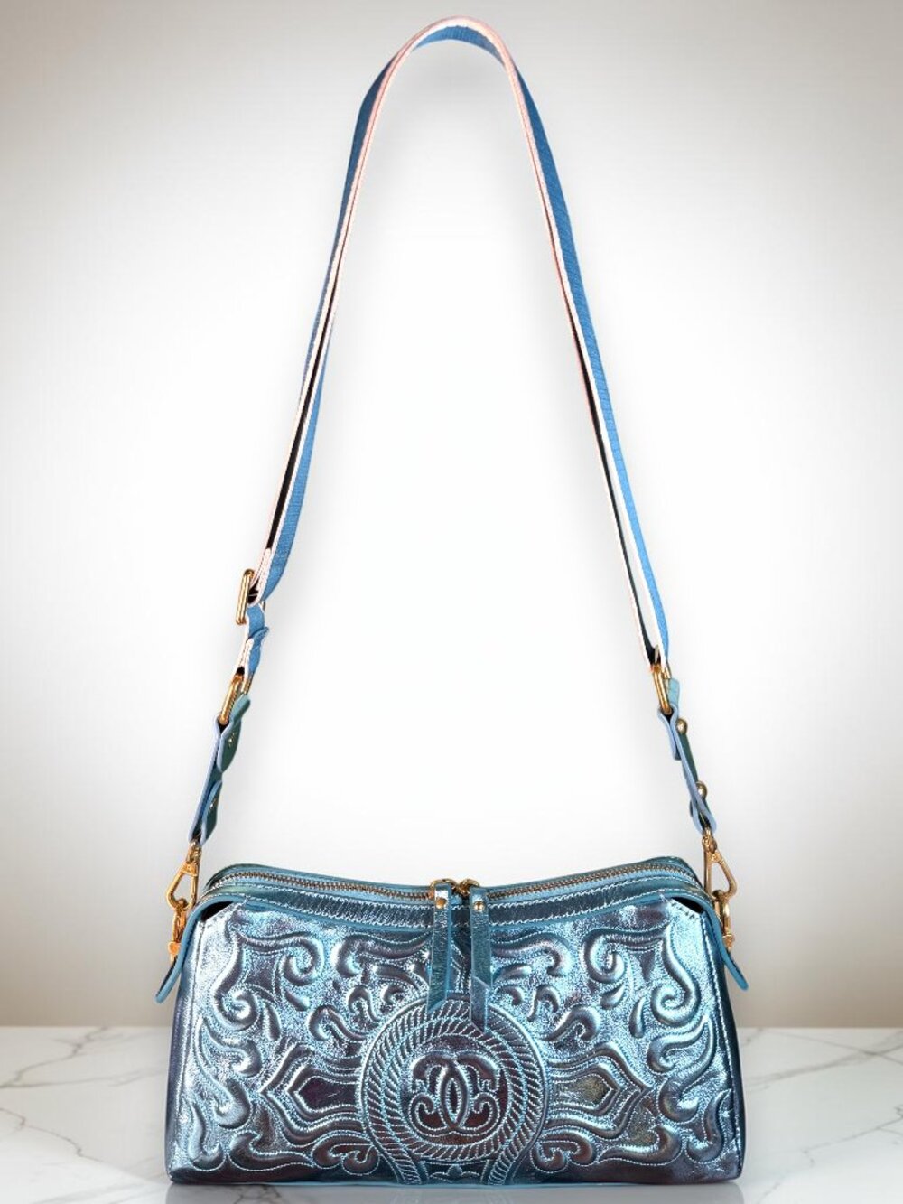 Sharif 1827 Metallic Peacock Blue Embossed Leather Crossbody Shoulder Bag